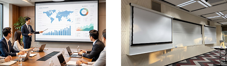 大型プロジェクターの天吊設置をはじめ、PC設定や映像制御、配線設計・施工、画角調整・投影位置の最適化まで対応。 大型プロジェクターの天吊設置をはじめ、PC設定や映像制御、配線設計・施工、画角調整・投影位置の最適化まで対応。